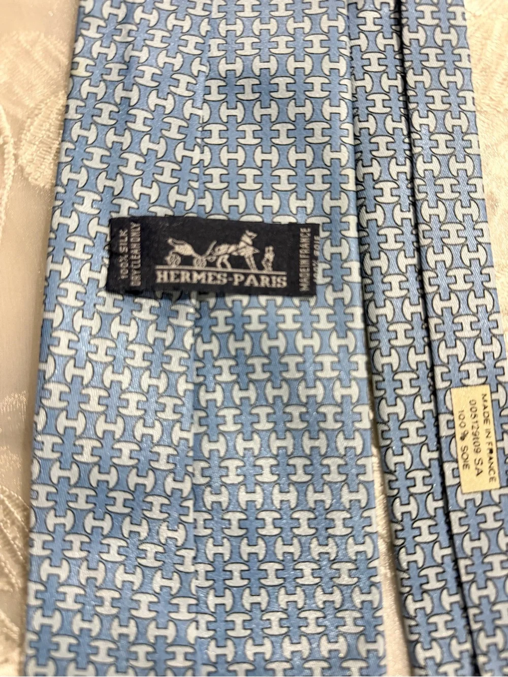 Hermes Light Blue Silk Tie with Geometric Interlocking Motif